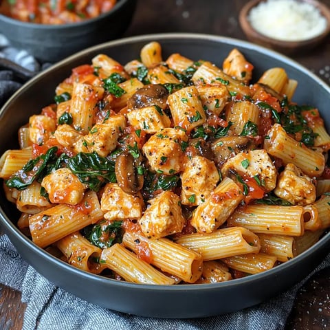 A colorful dish of rigatoni pasta topped with chicken, spinach, mushrooms, and a savory tomato sauce, garnished with parsley.