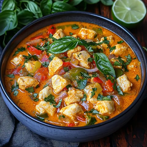 A vibrant bowl of creamy curry featuring chunks of tofu, colorful bell peppers, and fresh basil, with a lime wedge in the background.