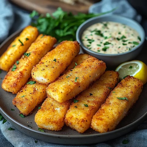 A plate of golden, crispy fried sticks, garnished with parsley, served with a bowl of creamy dipping sauce and a slice of lemon.