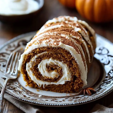 A beautifully plated pumpkin roll cake, filled with cream and dusted with cocoa powder, accompanied by a fork on a decorative plate.