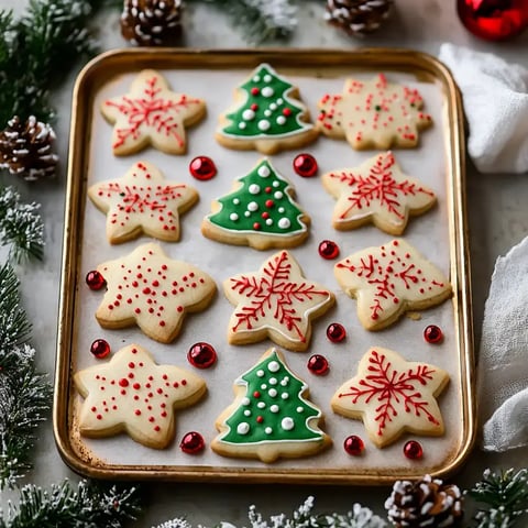 A tray of decorated Christmas cookies, featuring star and tree shapes adorned with red and green icing, surrounded by festive decorations.