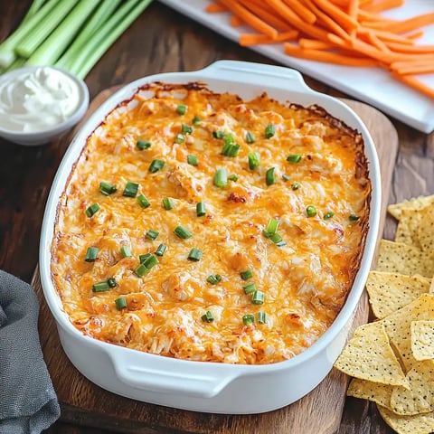 A creamy, cheesy baked dish topped with green onions is served alongside celery sticks, carrot sticks, and tortilla chips.