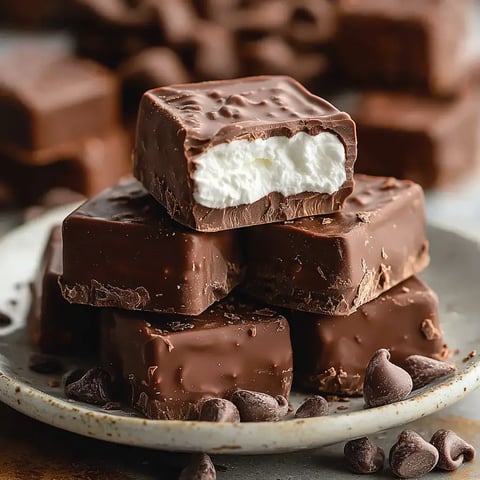 A close-up of stacked chocolate squares with a bite taken out of the top piece, revealing a creamy white filling, surrounded by chocolate chips.