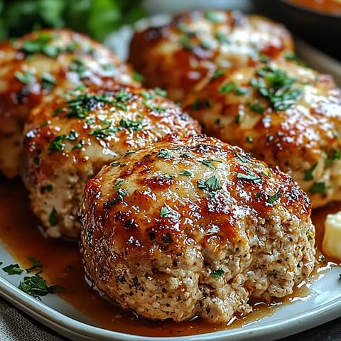 A close-up of several glazed meatballs garnished with parsley on a white plate, with a side of sauce.