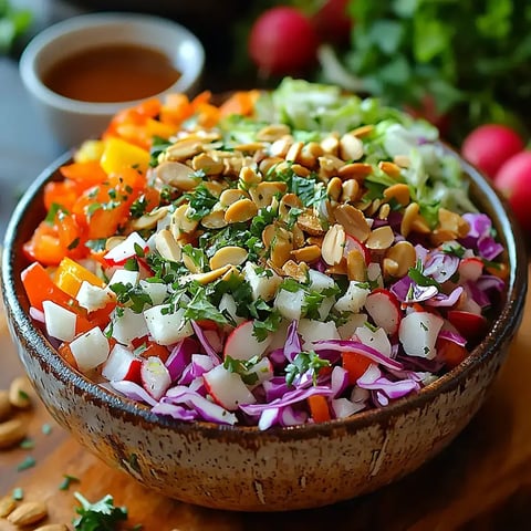 A vibrant bowl of colorful chopped vegetables, including bell peppers, radishes, and cabbage, topped with nuts and herbs.