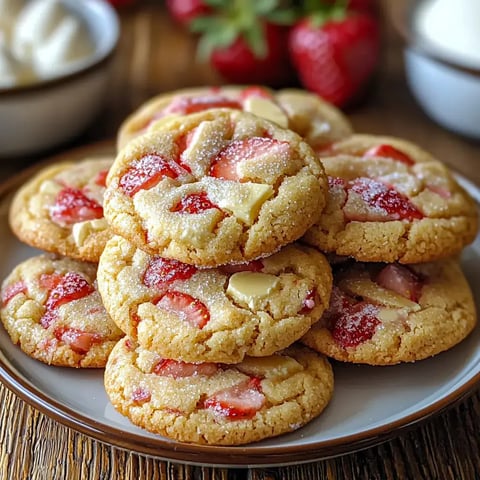 A stack of strawberry and white chocolate cookies dusted with sugar, served on a plate with fresh strawberries in the background.