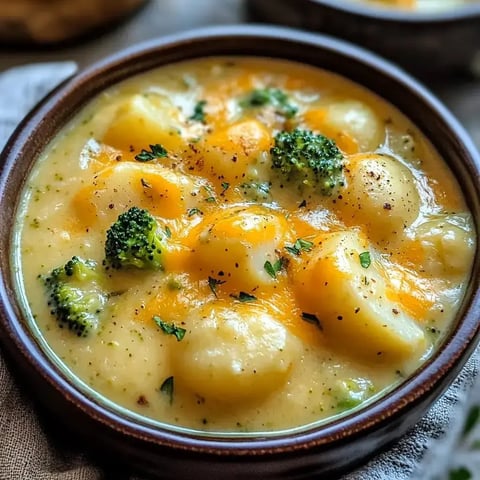 A close-up view of a creamy potato and broccoli soup topped with shredded cheese and herbs in a brown bowl.