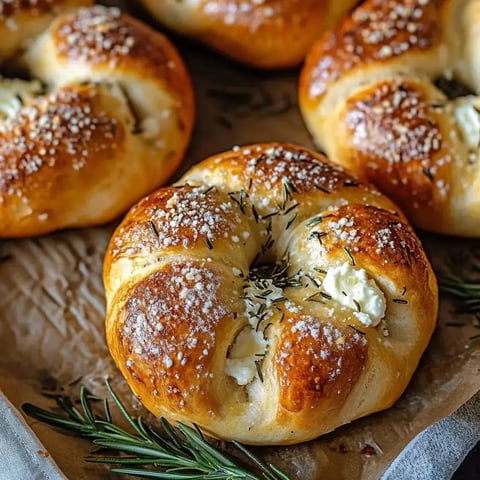 A close-up of freshly baked, round bread rolls garnished with rosemary and coarse salt, resting on parchment paper.