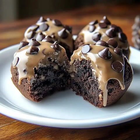 A plate of chocolate muffins topped with glossy chocolate icing and chocolate chips, with one muffin cut in half to reveal its moist interior.