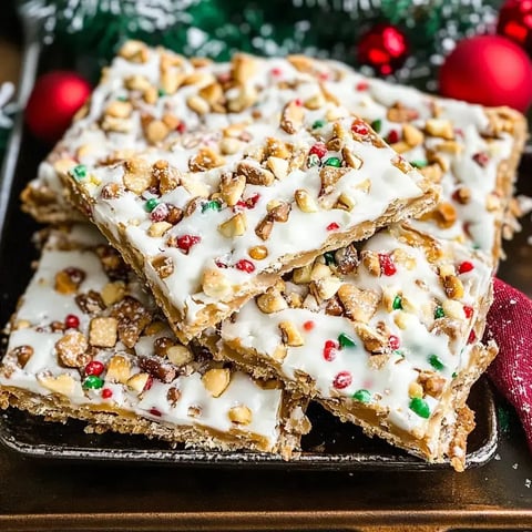 A stack of rectangular treats topped with white frosting and sprinkled with chopped nuts and colorful holiday candies.