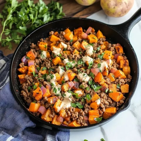 A cast iron skillet filled with sautéed ground meat, cubed butternut squash, and diced onions, garnished with fresh herbs and drizzled with sauce.