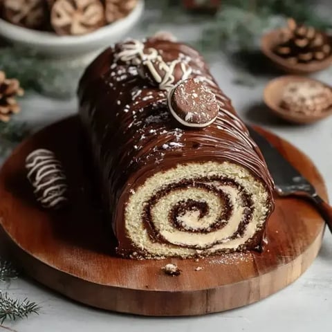 A chocolate yule log cake with a swirled cream filling, topped with chocolate icing and decorative ornaments, sits on a wooden cutting board.