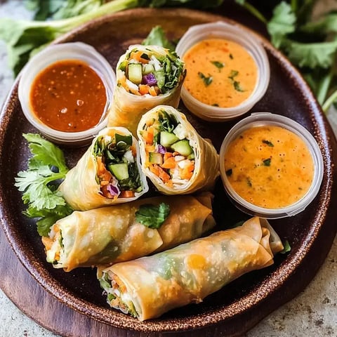 A plate of fresh vegetable spring rolls is arranged with dipping sauces and garnished with cilantro.