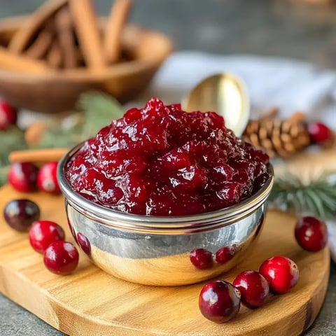 A bowl of homemade cranberry sauce sits on a wooden cutting board, surrounded by fresh cranberries and cinnamon sticks.