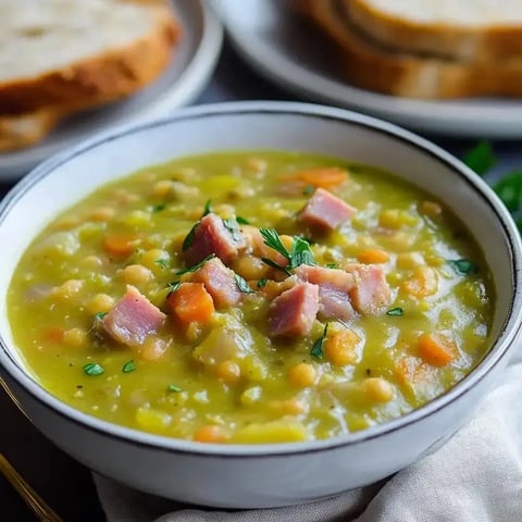 A bowl of green split pea soup with diced ham and carrots, garnished with parsley, is placed next to slices of bread.