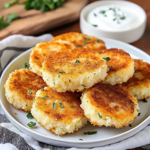 A plate of golden-brown potato cakes garnished with chopped parsley, accompanied by a small bowl of sour cream.