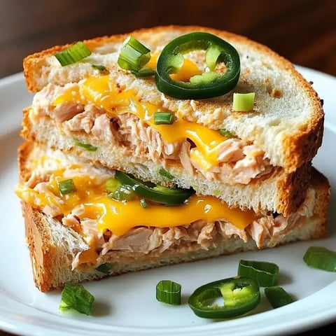 A sandwich filled with tuna, melted cheddar cheese, and sliced jalapeños, garnished with chopped green onions.