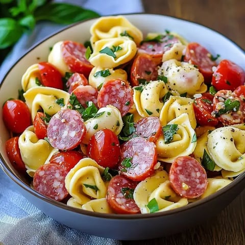 A bowl of tortellini pasta mixed with cherry tomatoes, sliced salami, and fresh herbs.