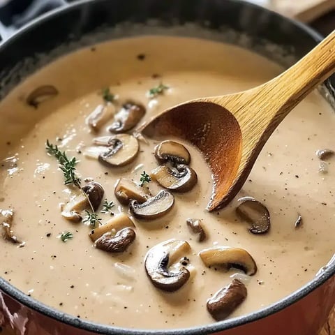 A wooden spoon stirs a creamy mushroom soup garnished with fresh thyme in a pot.