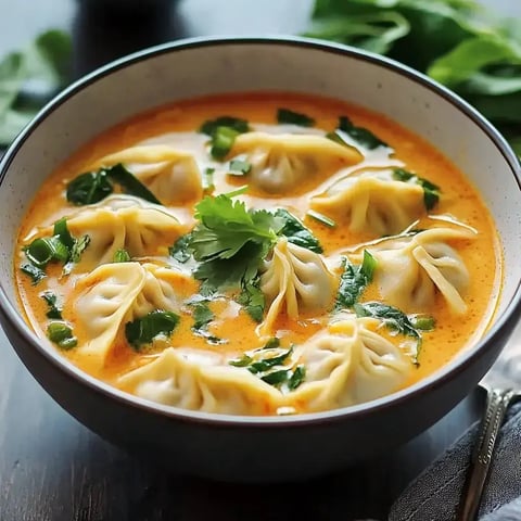 A bowl of dumplings in a creamy orange broth, garnished with fresh herbs and scallions.