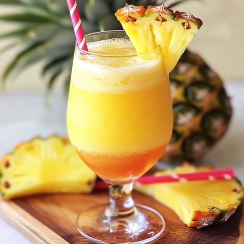 A glass of pineapple juice with a pineapple slice in front of it.