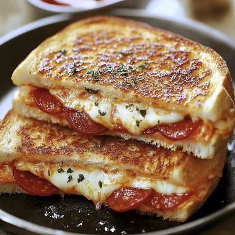 Two pieces of cheese and pepperoni sandwiches.