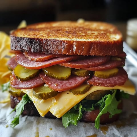 A sandwich with meat, cheese, pickles, and lettuce.