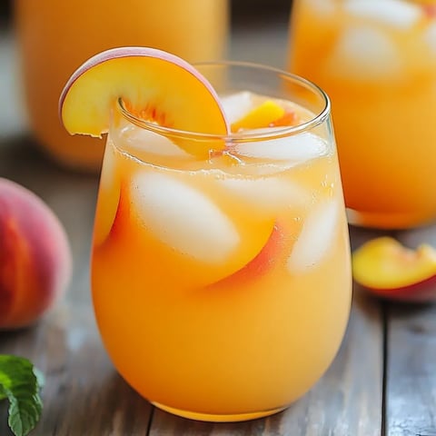 A glass of orange juice with a slice of peach on top.
